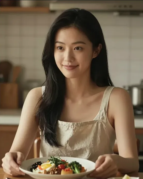 料理を運ぶ黒髪のAI美女