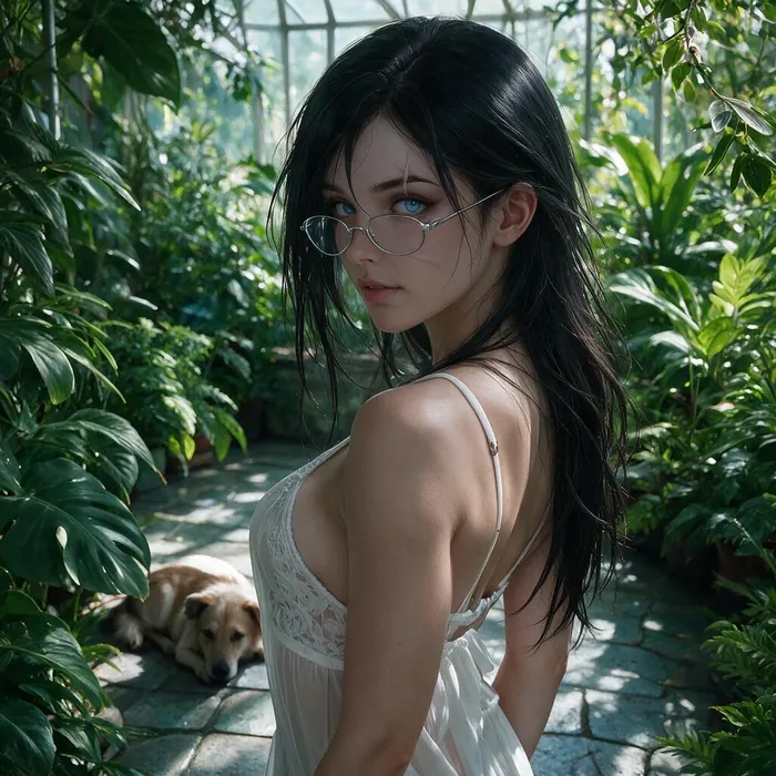 温室で振り返る眼鏡のAI美女
