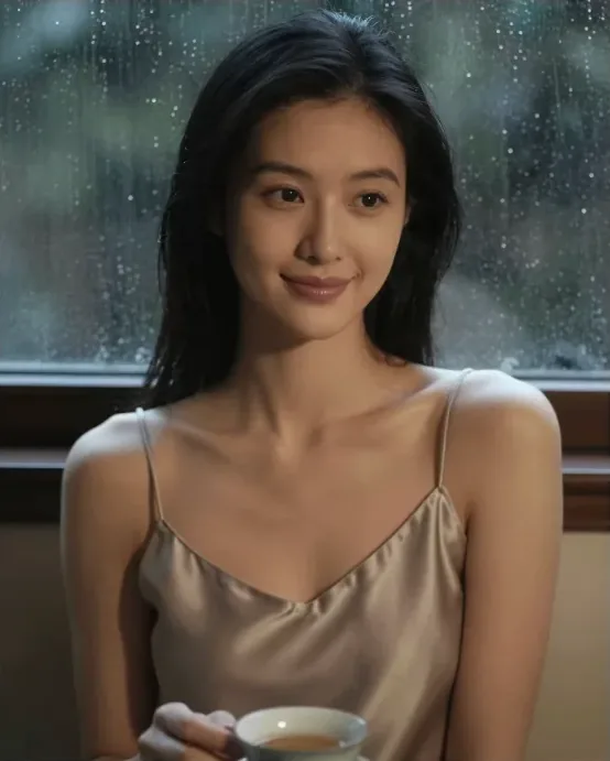 雨の窓辺でお茶を飲むAI美女