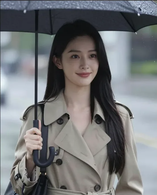 傘をさすトレンチコートのAI美女